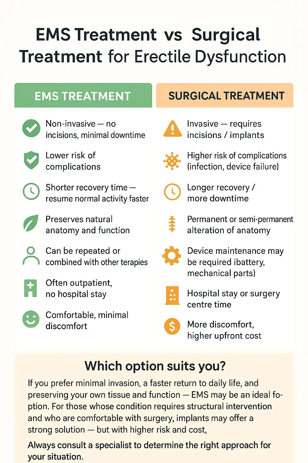 A table showing the benefits of EMS chair for erectile dysfunction treatment Sheffield compared to surgery.