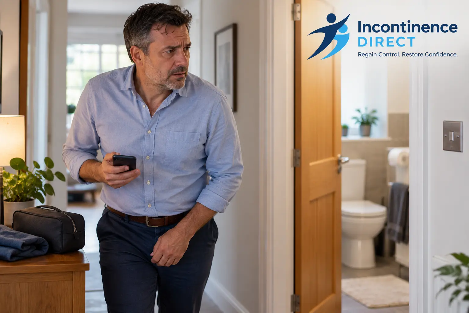 Worried Man Near Open Bathroom affected from faecal incontinence safety tips from incontinence direct Sheffield