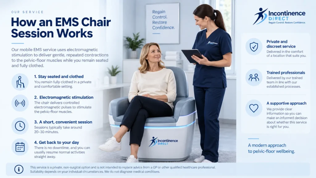 Illustration showing an EMS chair session at Incontinence Direct Sheffield