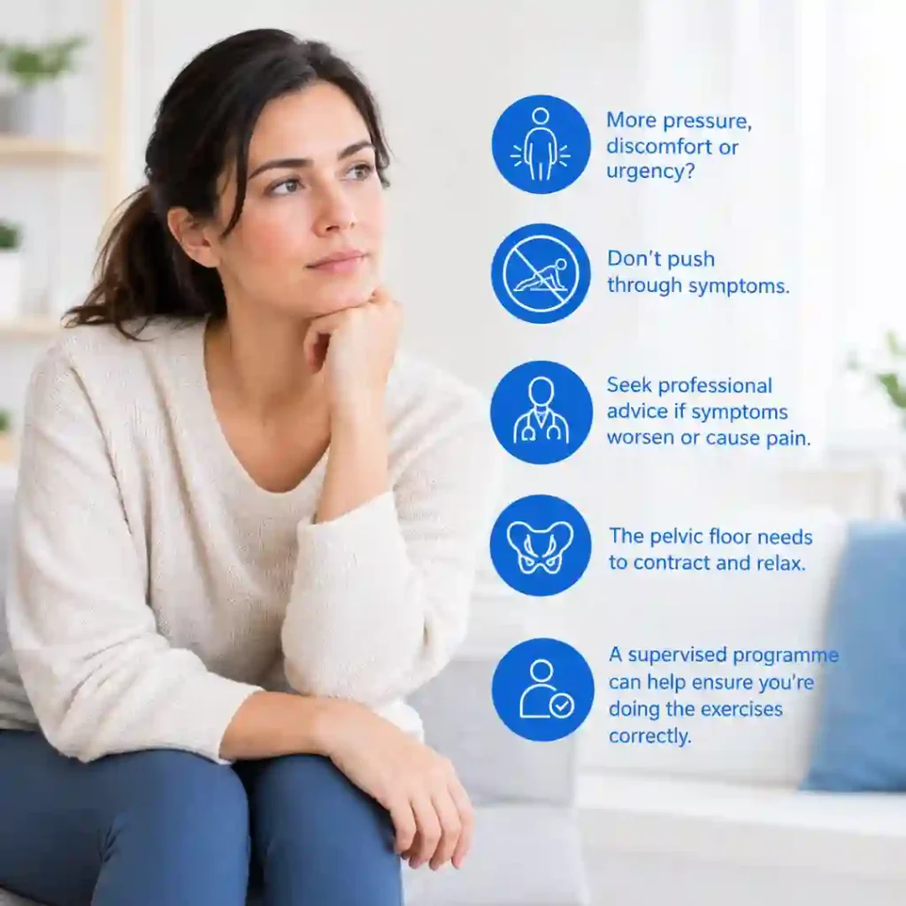 Pelvic-floor exercises Sheffield involve controlled contraction and relaxation. Persistent pressure, discomfort or urinary urgency may warrant professional assessment.